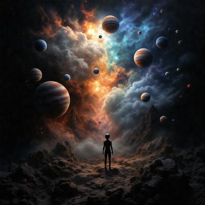 The primary subject of the image is a person standing in a rocky, barren landscape. The setting is a space with a backdrop of various planets and celestial bodies. The visual style is a digital art or illustration, creating a surreal and otherworldly atmosphere. The colors are predominantly dark and muted, with the rocky terrain and planets providing a sense of depth and contrast.
